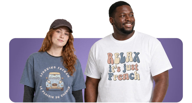 Two people wearing French language T-Shirts from Tees n' Tongues