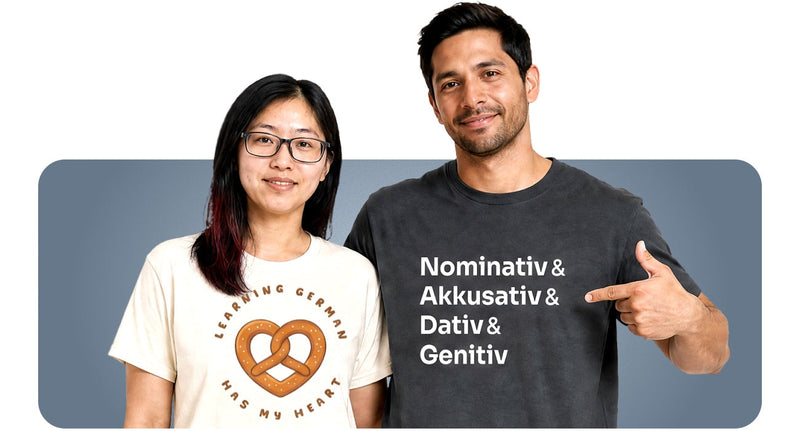 Two people wearing German language T-Shirts from Tees n' Tongues