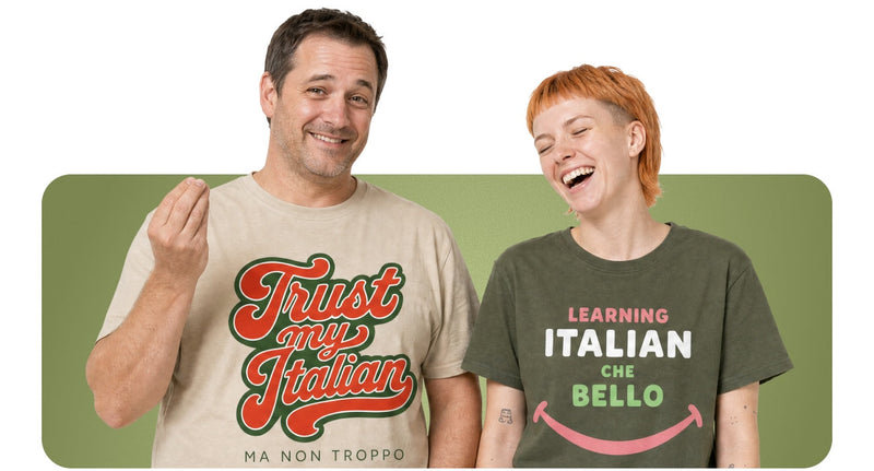 Two people wearing Italian language T-Shirts from Tees n' Tongues