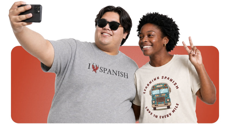 Two people wearing Spanish language T-Shirts from Tees n' Tongues