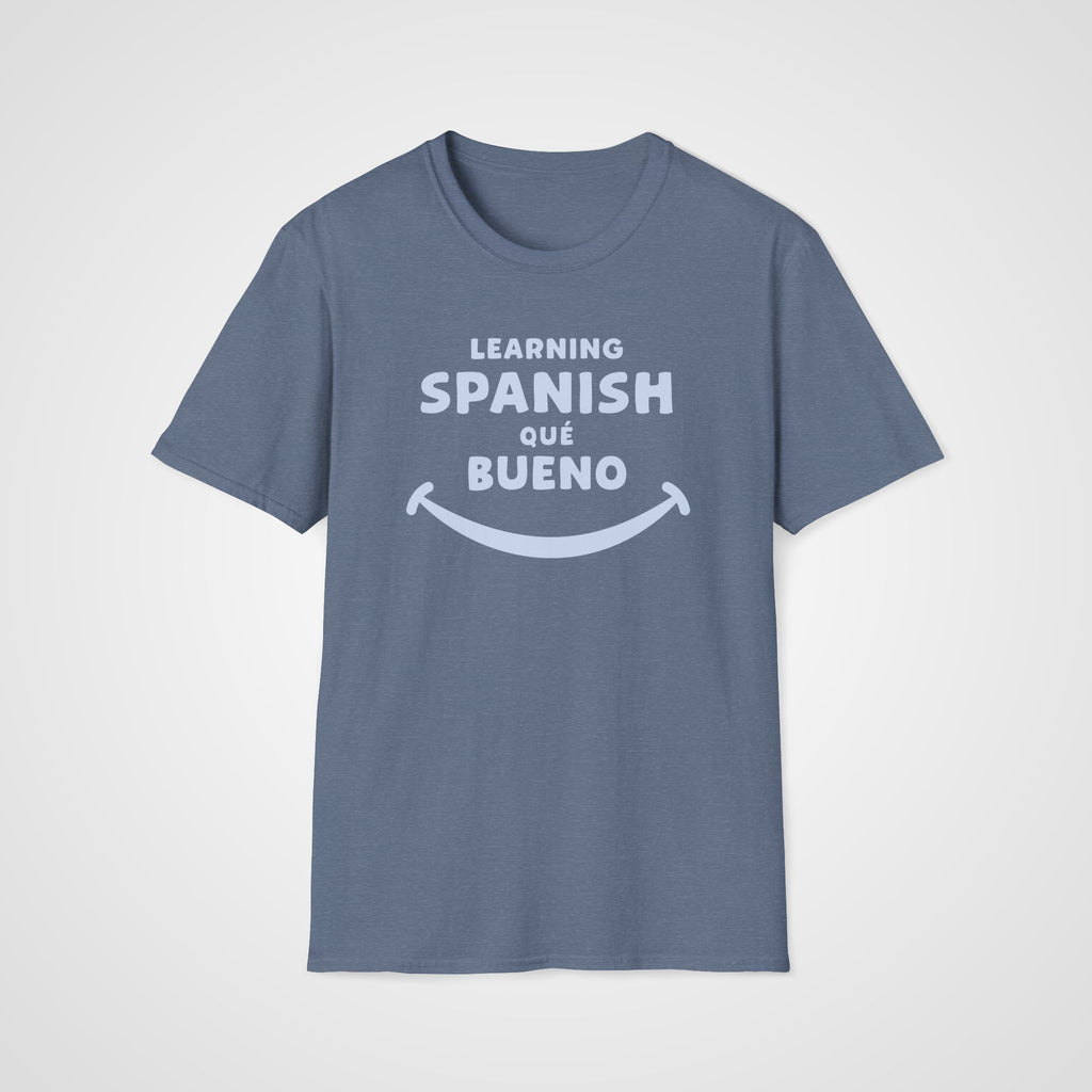 Qué Bueno Spanish T-Shirt in Heather Indigo