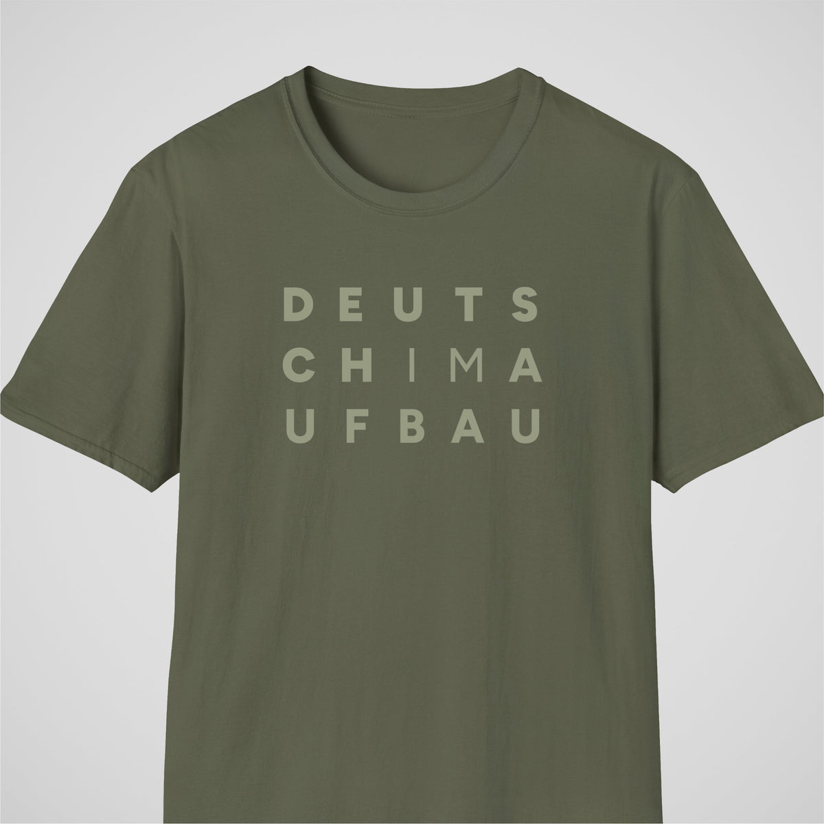 Military Green German learner T-shirt featuring the “Deutsch I'm Aufbau” design