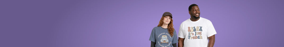Two people wearing French language T-Shirts from Tees n' Tongues