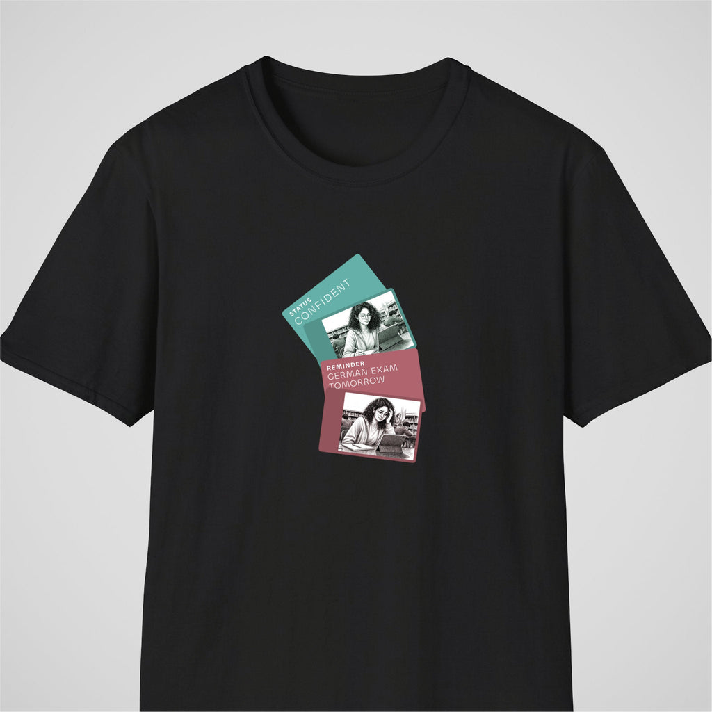 Black German learner T-shirt featuring the “German Exam Tomorrow” design