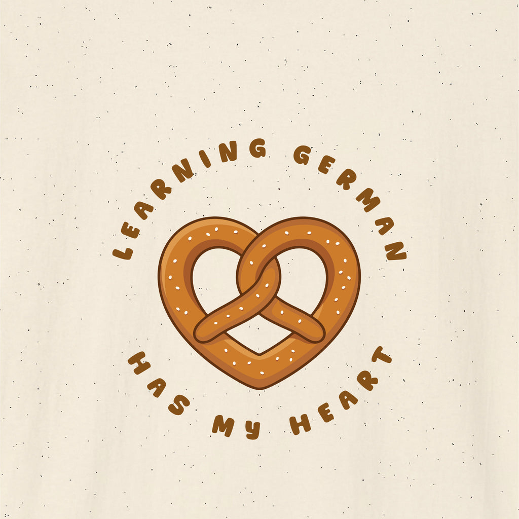 Close-up of Natural German learner T-shirt featuring the “German Has My Heart” print