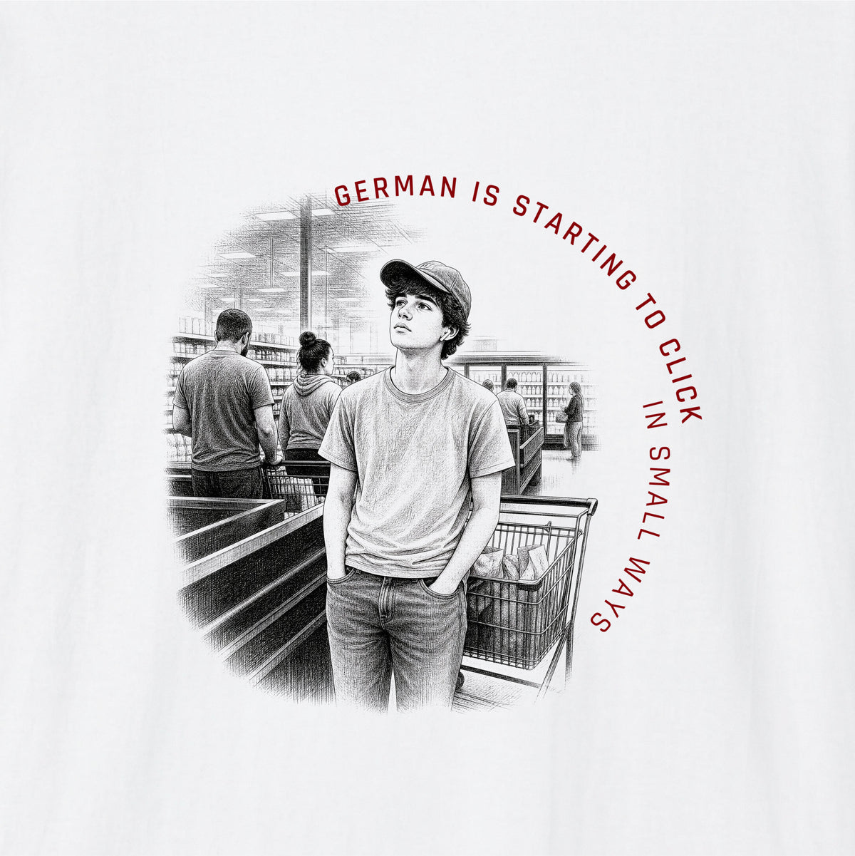 Close-up of White German learner T-shirt featuring the “German Is Clicking” print