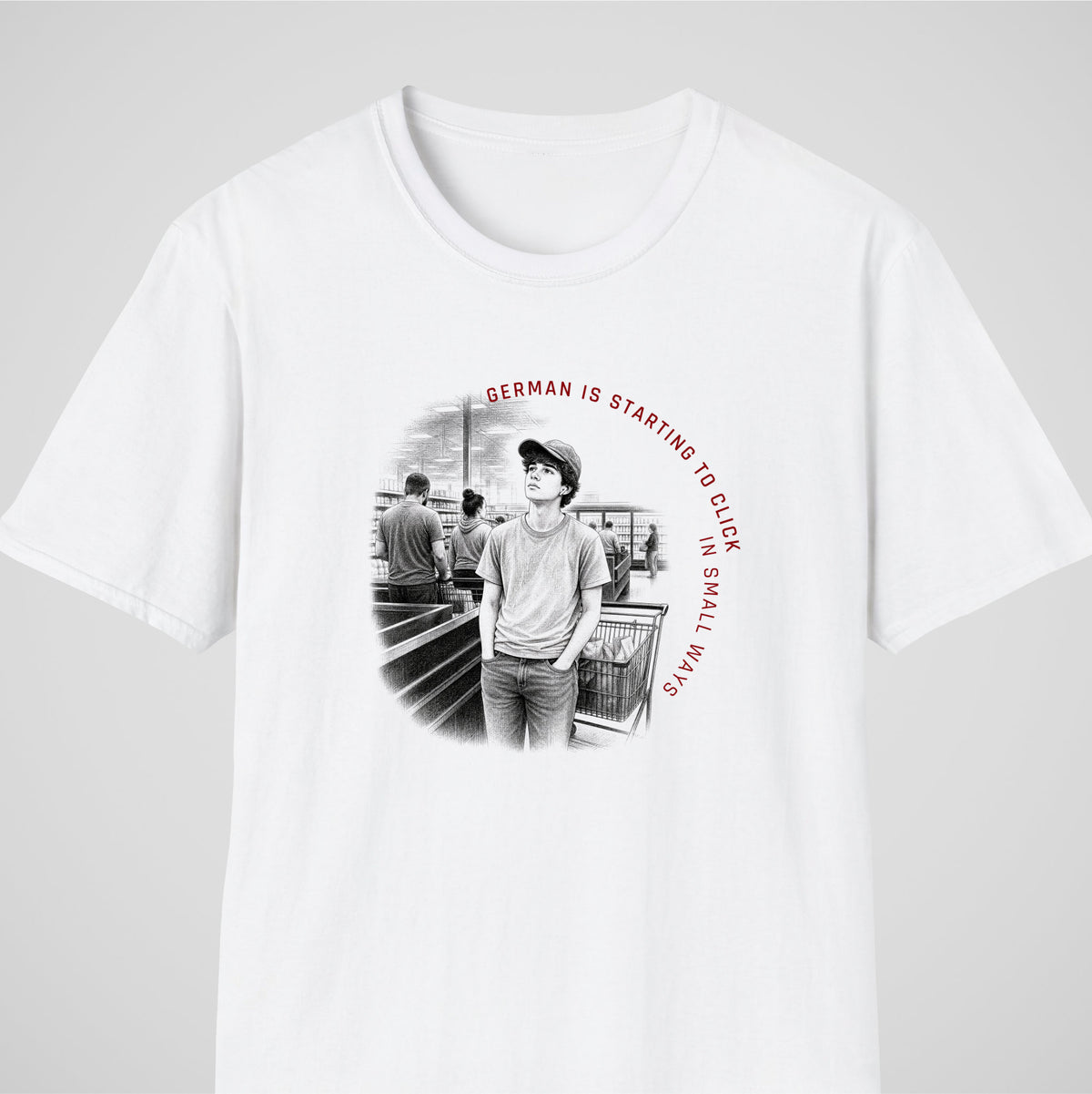 White German learner T-shirt featuring the “German Is Clicking” design