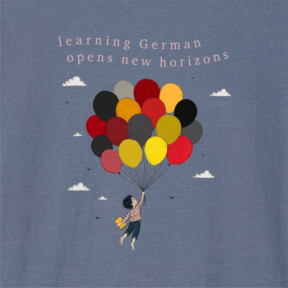 Close-up of Heather Indigo German learner T-shirt featuring the “German Learning Horizon” print