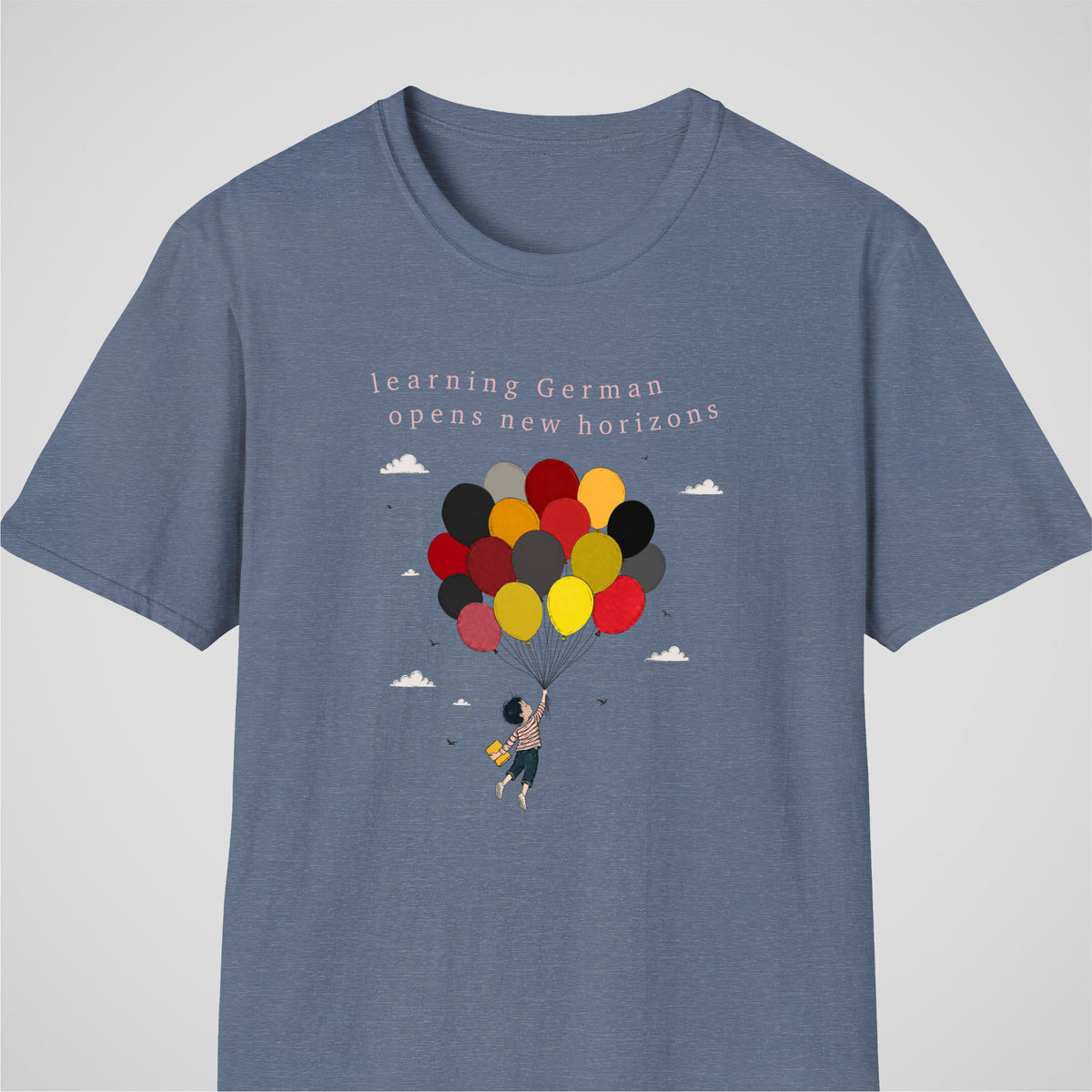 Heather Indigo German learner T-shirt featuring the “German Learning Horizon” design