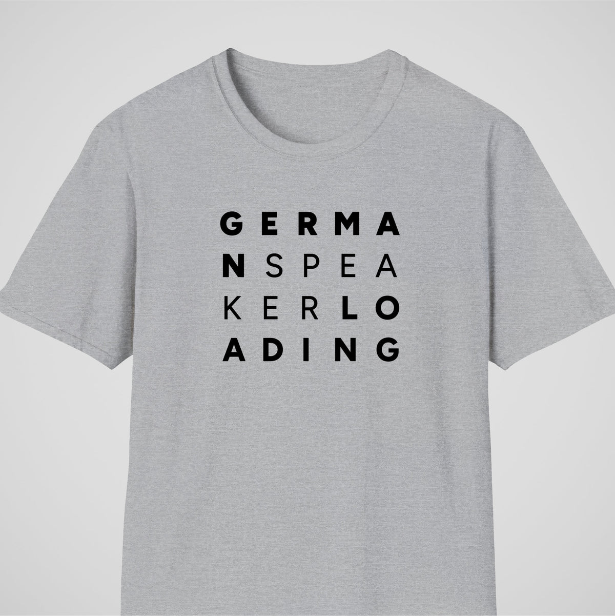 Sport Gray German learner T-shirt featuring the “German Speaker Loading” design