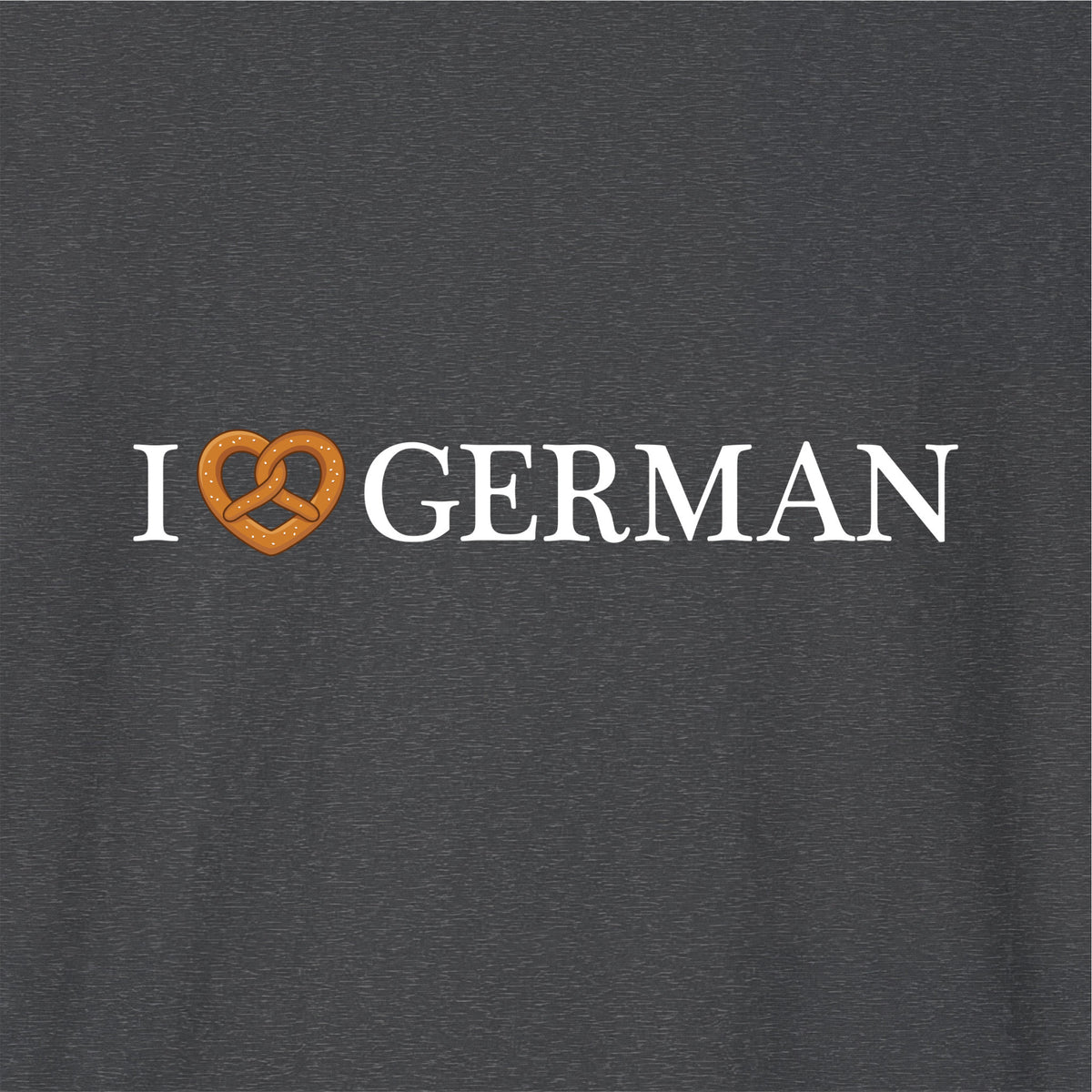 Close-up of Dark Heather German learner T-shirt featuring the “I Love German Pretzel” print