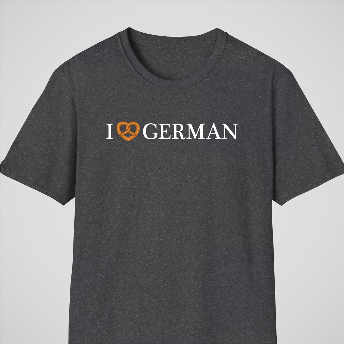 Dark Heather German learner T-shirt featuring the “I Love German Pretzel” design