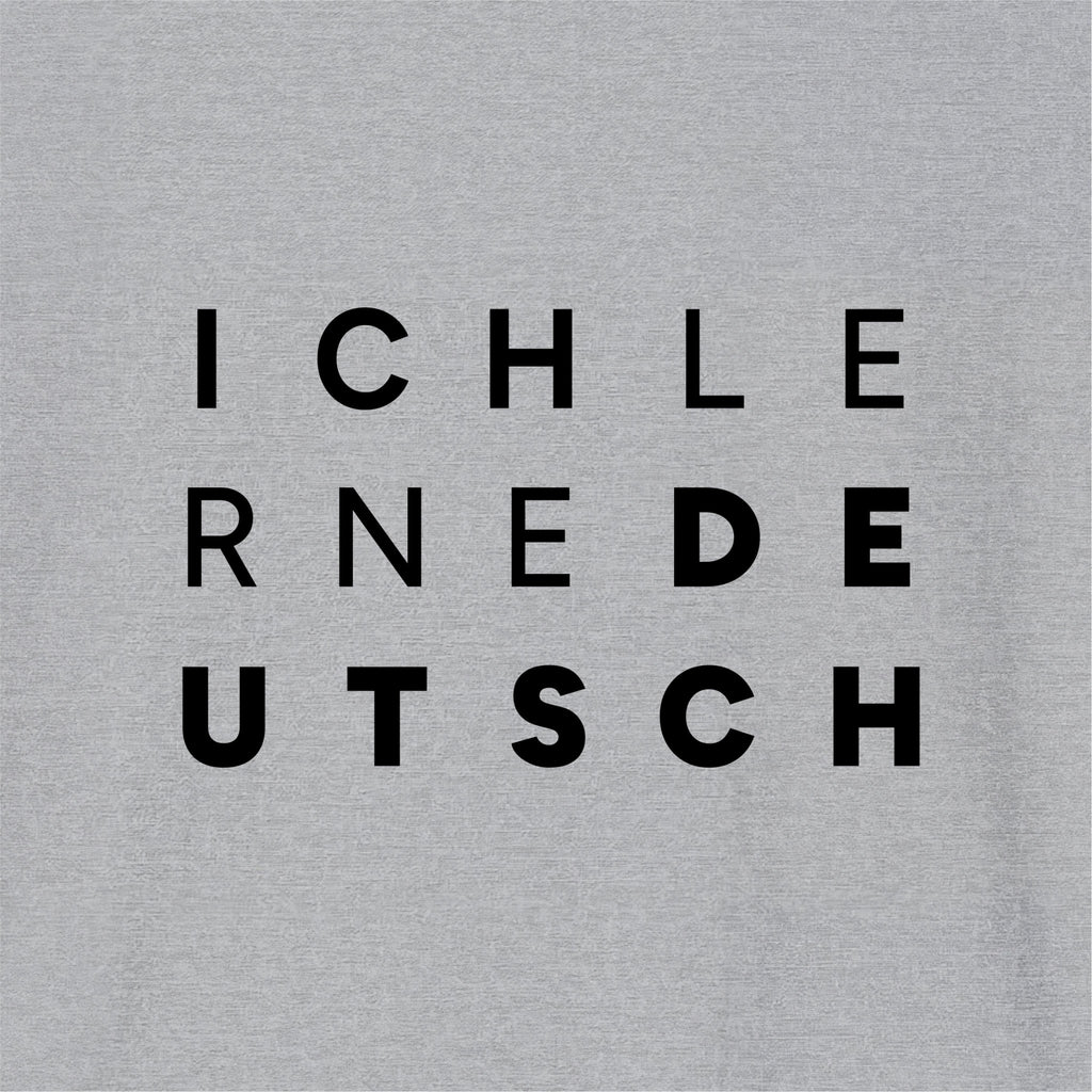 Close-up of Sport Gray German learner T-shirt featuring the “Ich Lerne Deutsch” print