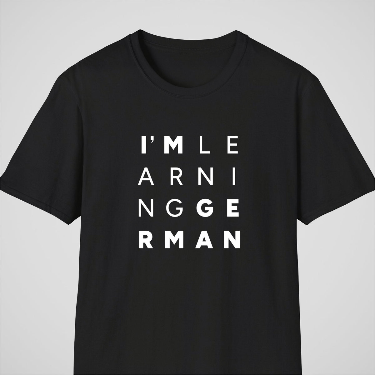 Black German learner T-shirt featuring the “I’m Learning German” design