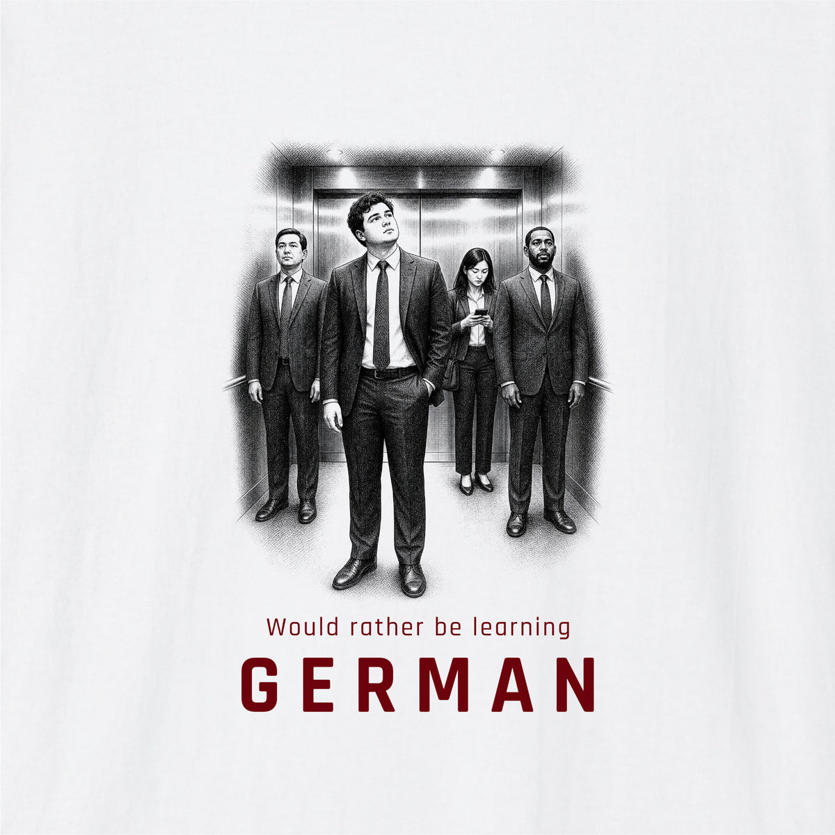 Close-up of White German learner T-shirt featuring the “Learning German Instead” print