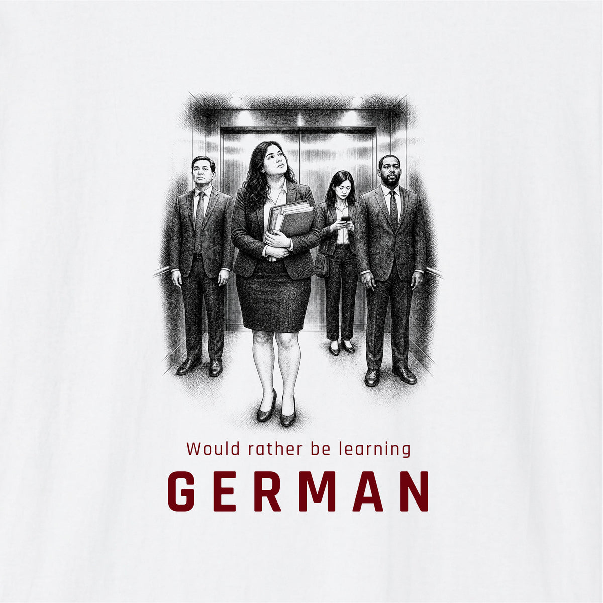 Close-up of White German learner T-shirt featuring the “Learning German Instead” print