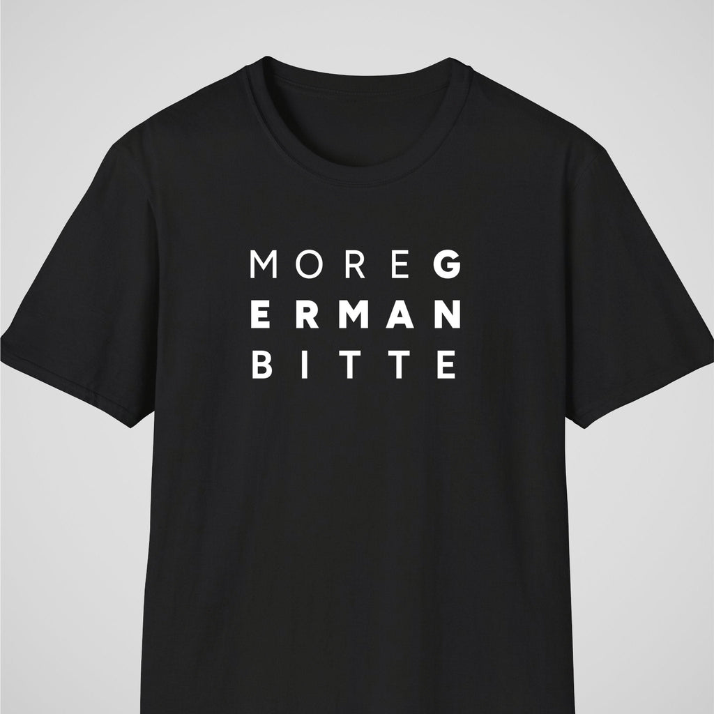Black German learner T-shirt featuring the “More German Bitte” design