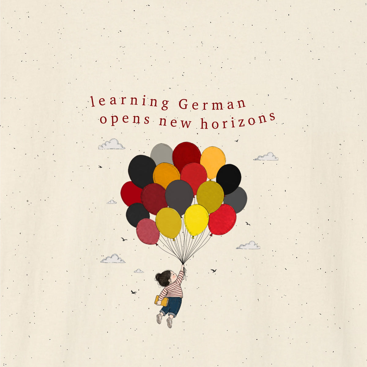 Close-up of Natural German learner T-shirt featuring the “New Horizons German” print