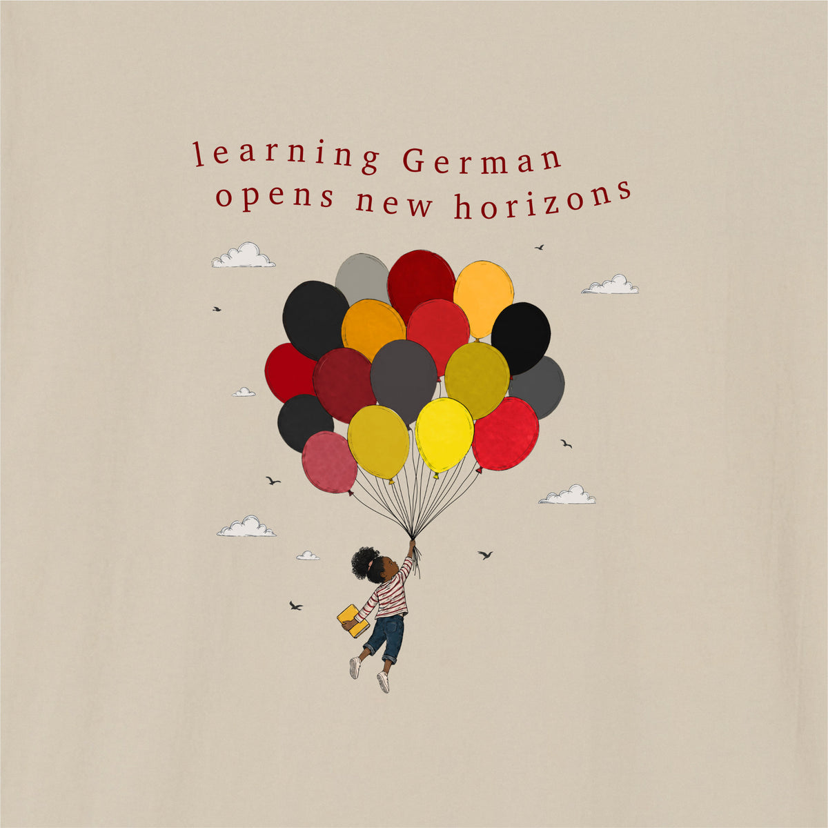 Close-up of Sand German learner T-shirt featuring the “New Horizons German” print