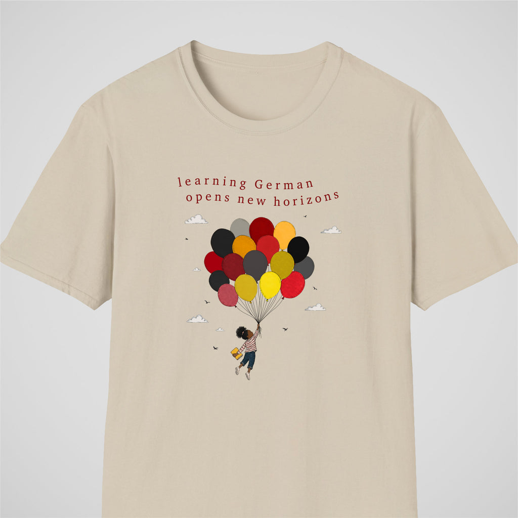 Sand German learner T-shirt featuring the “New Horizons German” design