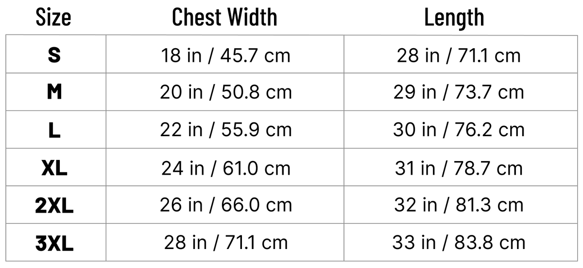 Adult unisex T-Shirt size chart with chest width and length measurements for Gildan Softstyle 64000