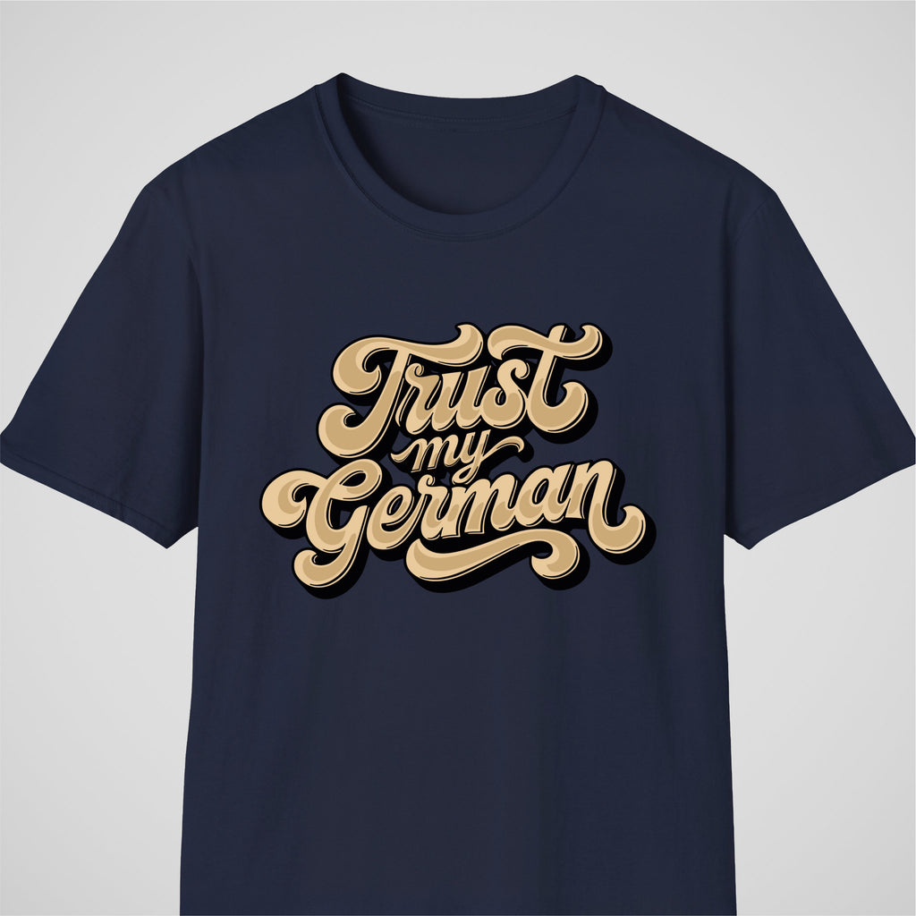 Navy German learner T-shirt featuring the “Trust My German” design