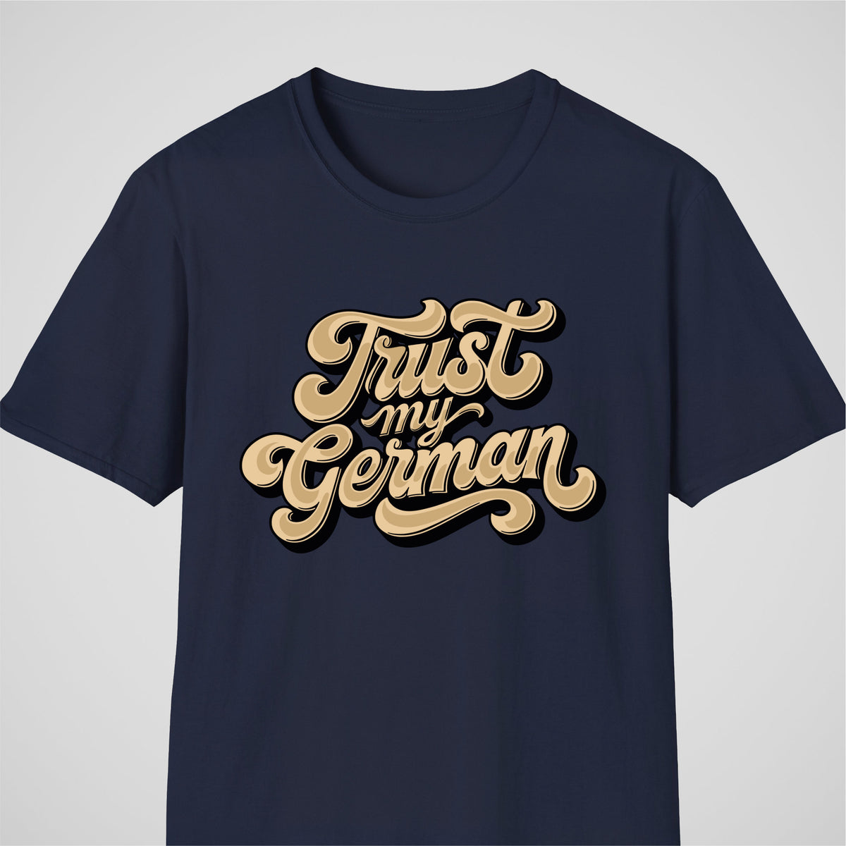 Navy German learner T-shirt featuring the “Trust My German” design