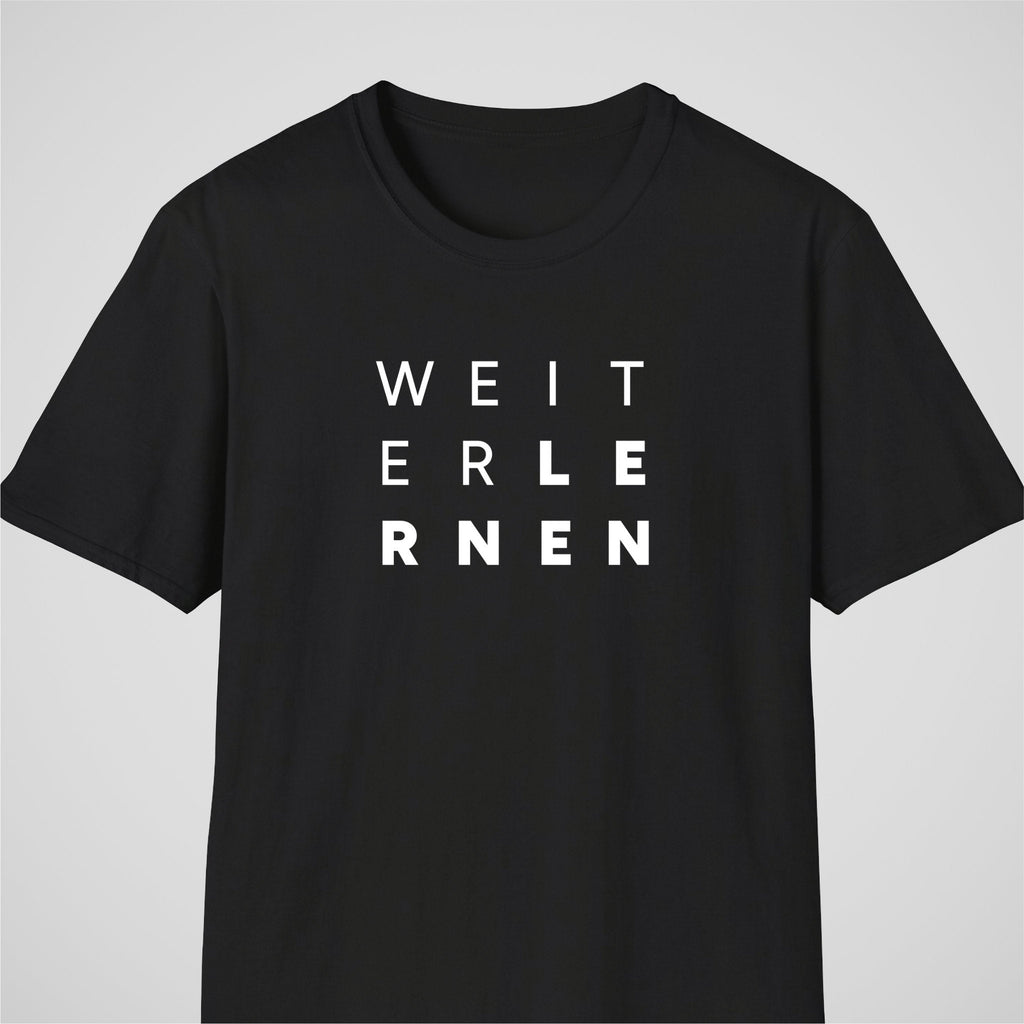 Black German learner T-shirt featuring the “Weiter Lernen” design